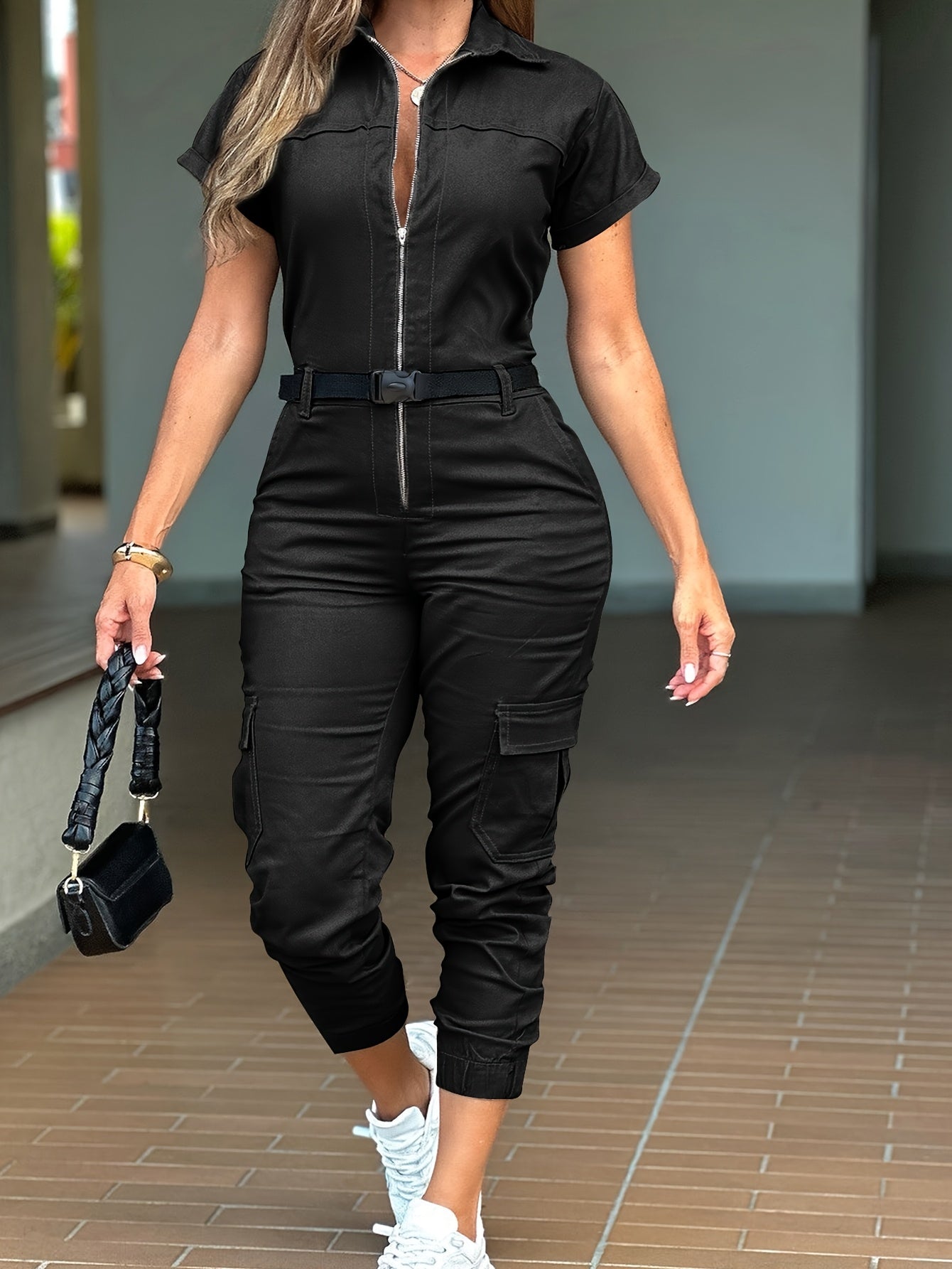 Women's Casual Zip-Up Cargo Jumpsuit
