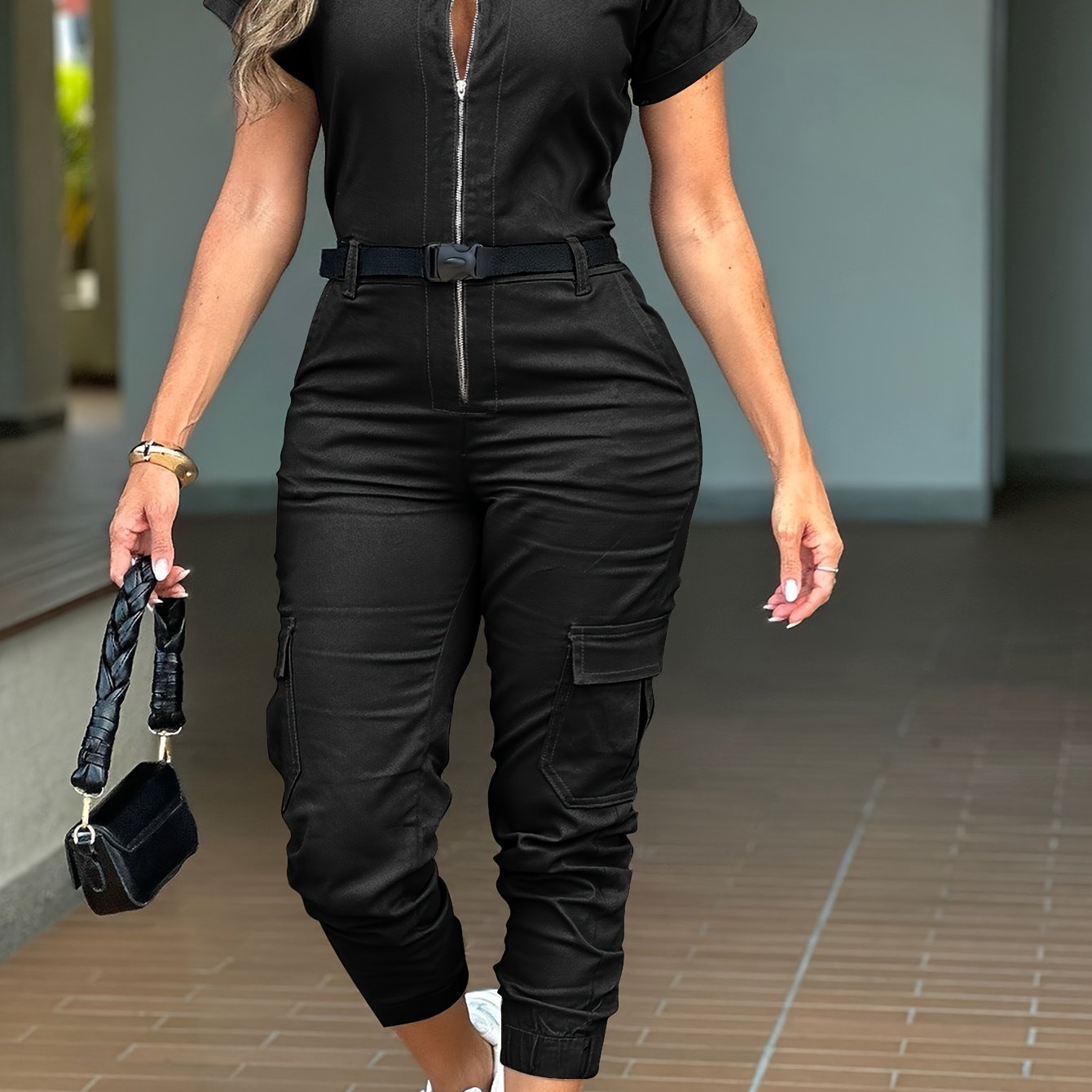 Women's Casual Zip-Up Cargo Jumpsuit