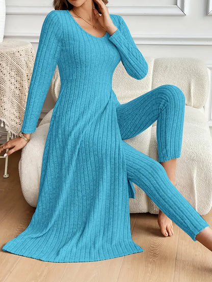 Two-piece Set of Ribbed Long-sleeved Top and Pants for Women