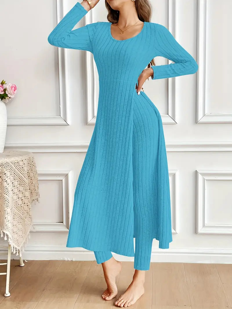 Two-piece Set of Ribbed Long-sleeved Top and Pants for Women