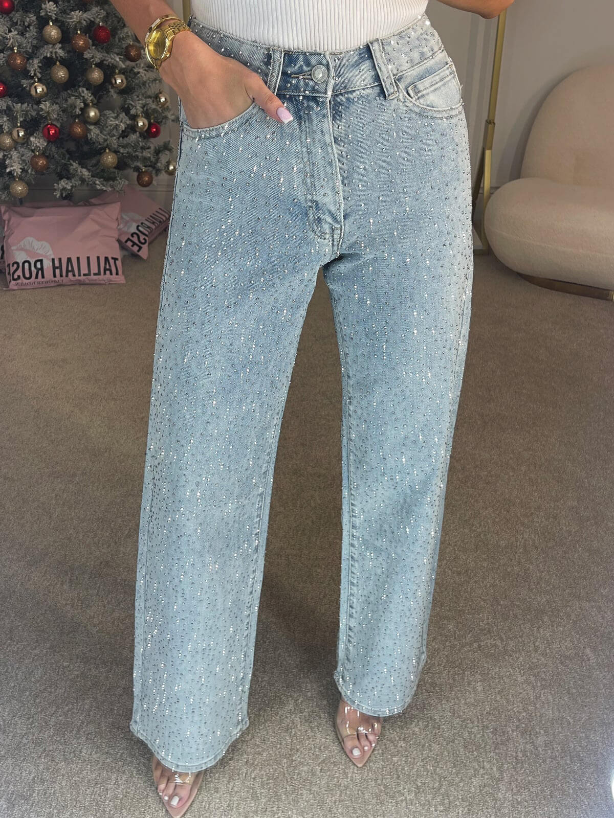 High Waisted Diamante Jeans