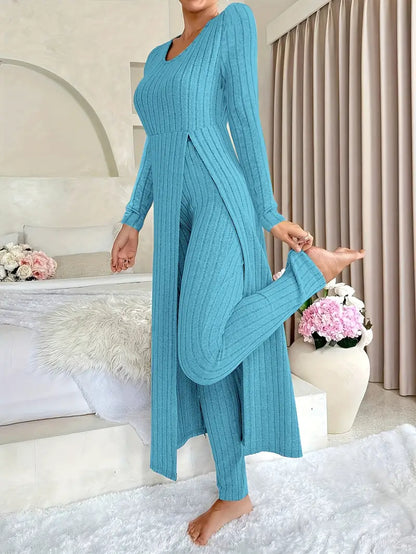 Two-piece Set of Ribbed Long-sleeved Top and Pants for Women