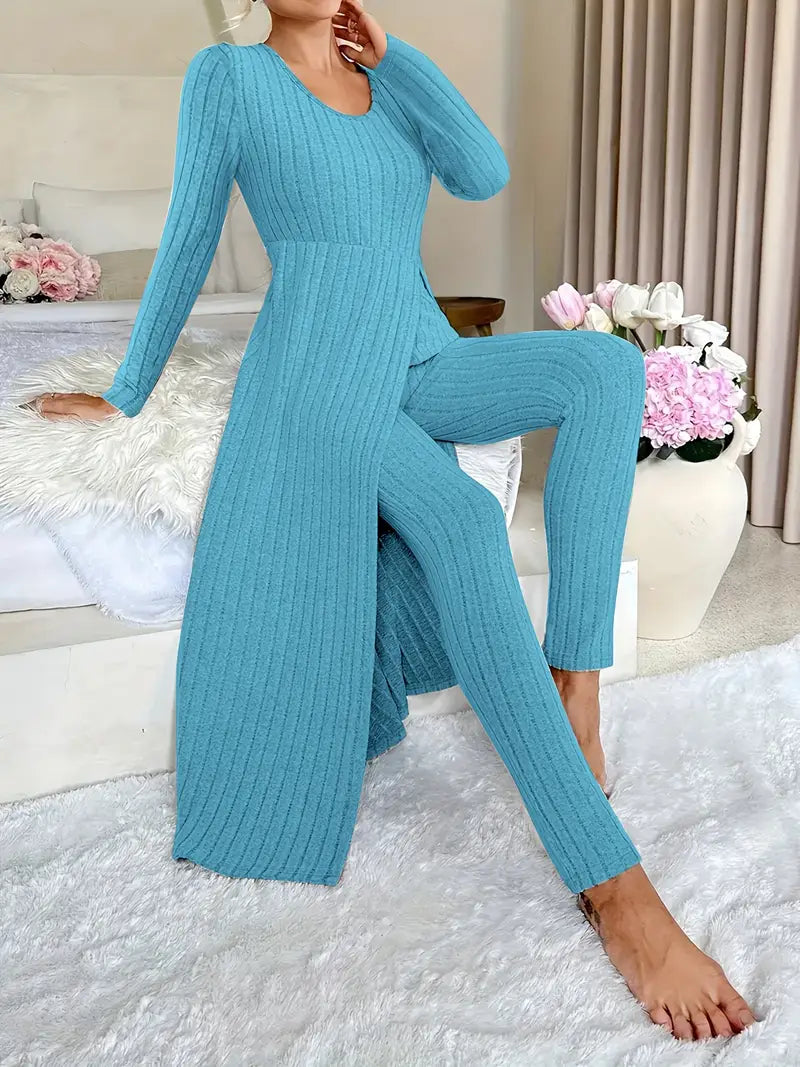 Two-piece Set of Ribbed Long-sleeved Top and Pants for Women