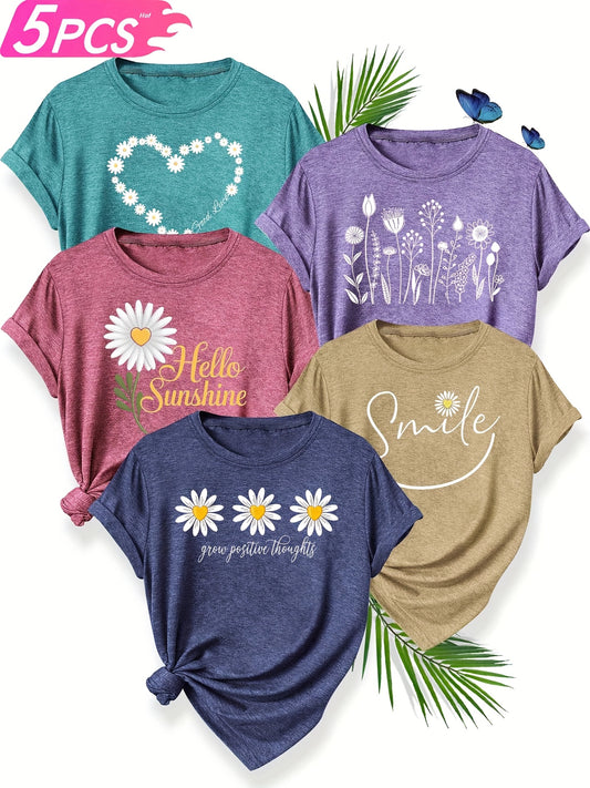 5pcs Women'S Casual Crew Neck Short Sleeve T-Shirts
